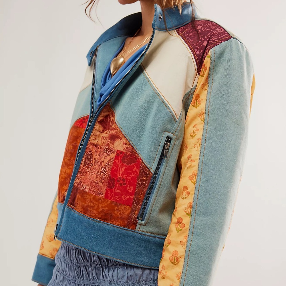 Free People Multicolor Patchwork Bomber Jacket - image 1